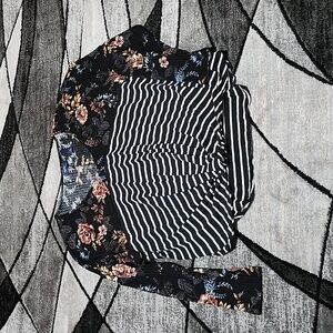 BUCKLE DAYTRIP STRIPE FLORAL V-NECK DROPTAIL LONG-SLEEVE BLOUSE TOP